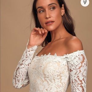 Lulu’s Romance Dreamer White Lace Off-the-Shoulder Maxi Dress